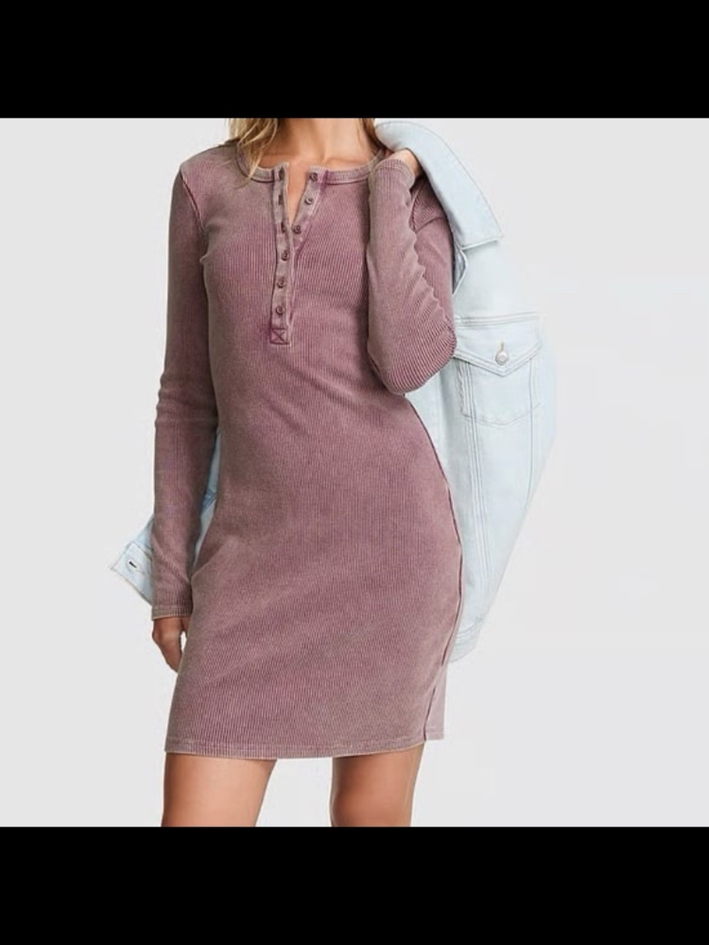 VINTAGE RIBBED HENLEY LONG-SLEEVE DRESS